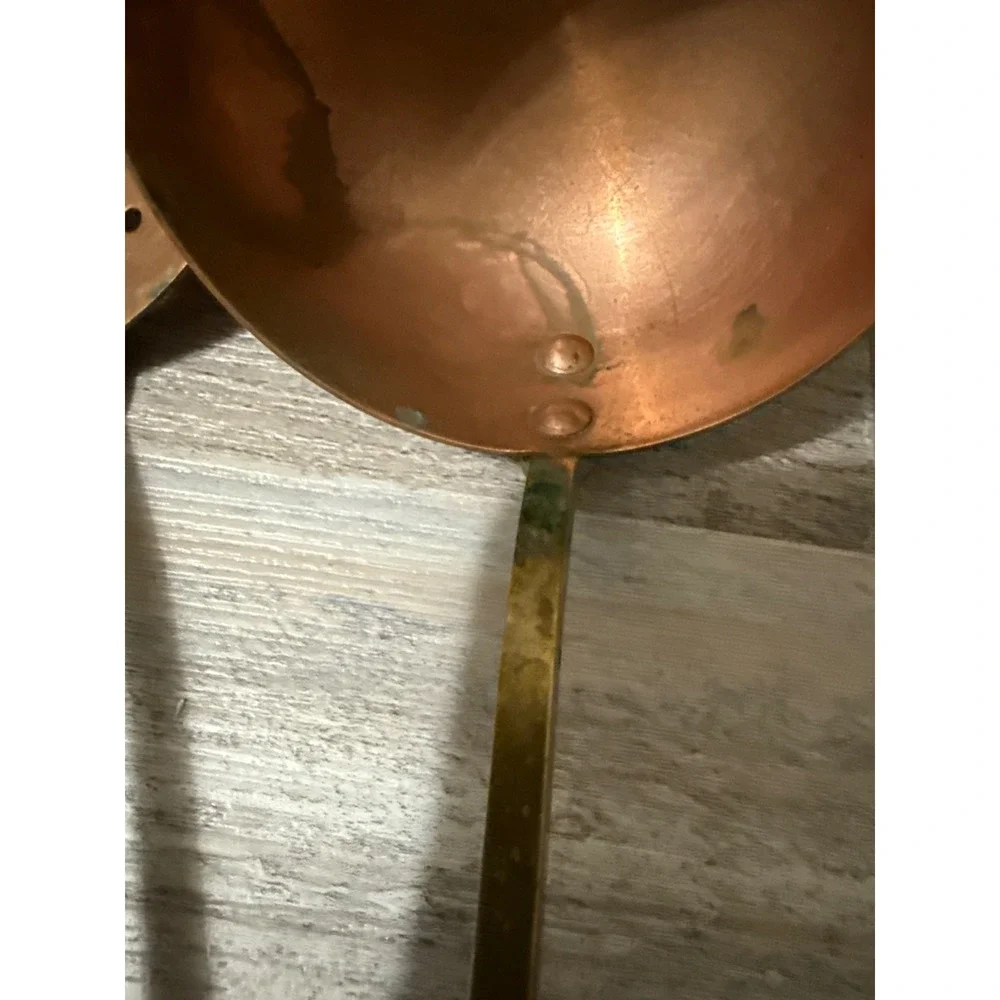 Vintage Copper and Brass Kitchen Utensil Set Ladle Skimmer Fork 3 Piece Rustic
